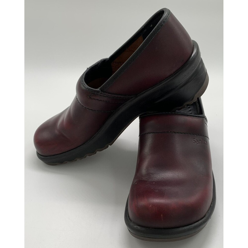 Sanita Women’s Burgundy Leather Slip On Casual Work Shoes Clogs Size 36A US 6 A